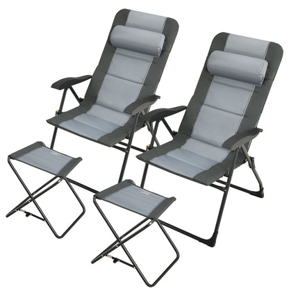 Patio Folding Dining Chair With Ottoman Set, Adjustable Recliner, Gray