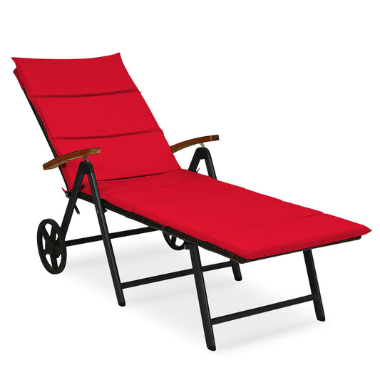 Folding Rattan Lounge Chair With Wheels, Red Outdoor Chaise Lounges Red at Gallery Canada