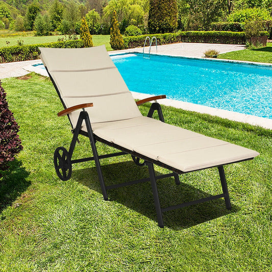 Outdoor Chaise Lounge Chair Rattan Lounger Recliner Chair, Beige - Gallery Canada