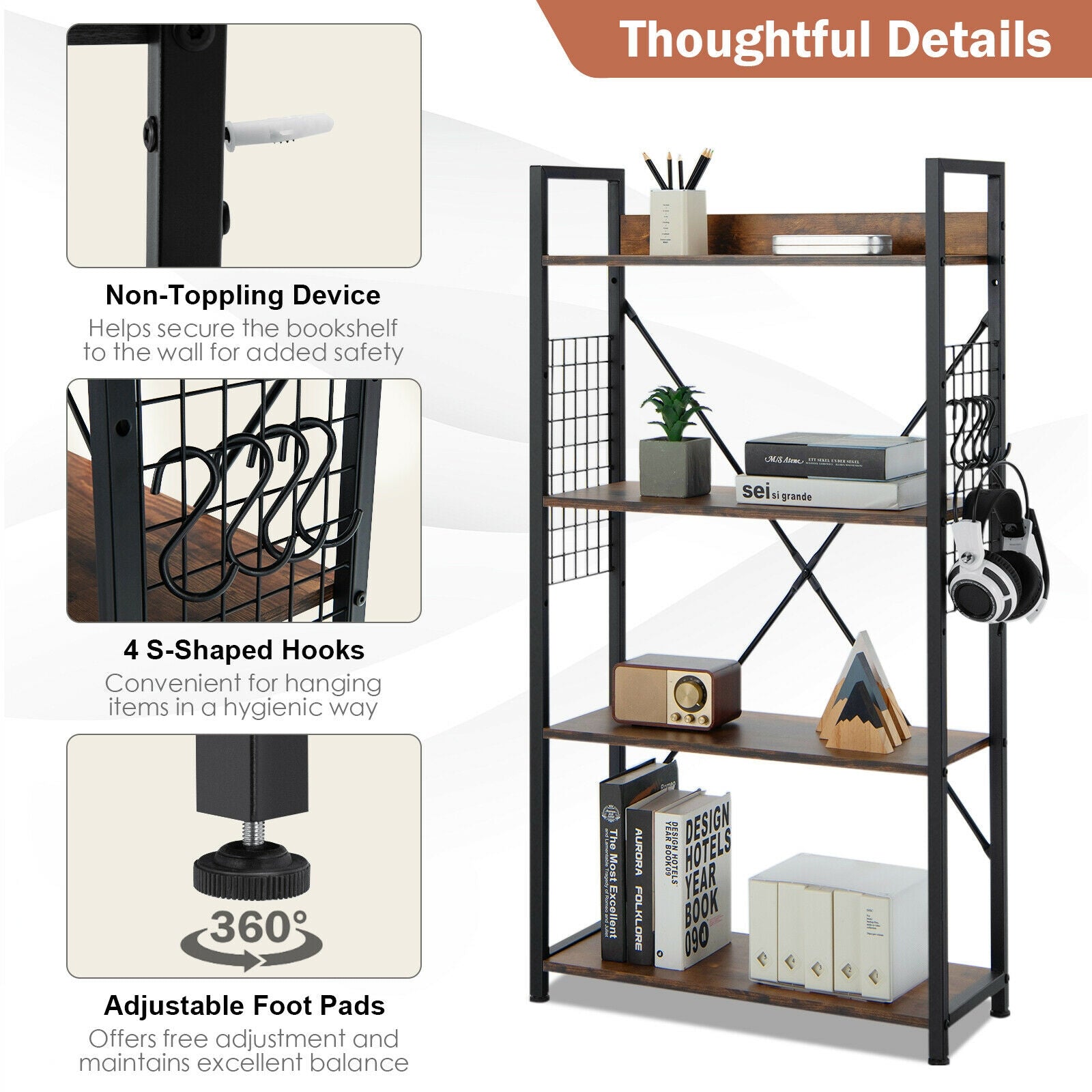 4 -Tier Industrial Open Storage Bookshelf, Dark Brown Bookcases at Gallery Canada