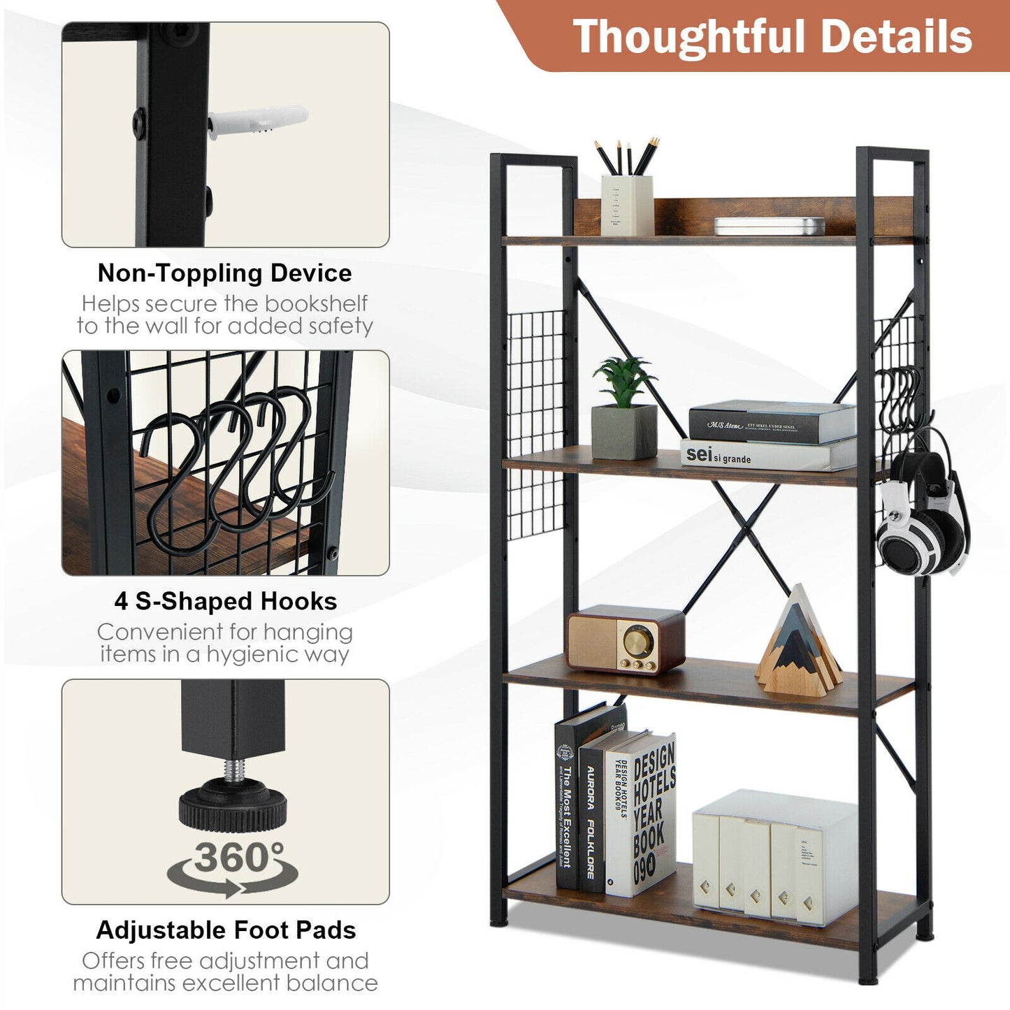 4 -Tier Industrial Open Storage Bookshelf, Dark Brown Bookcases at Gallery Canada