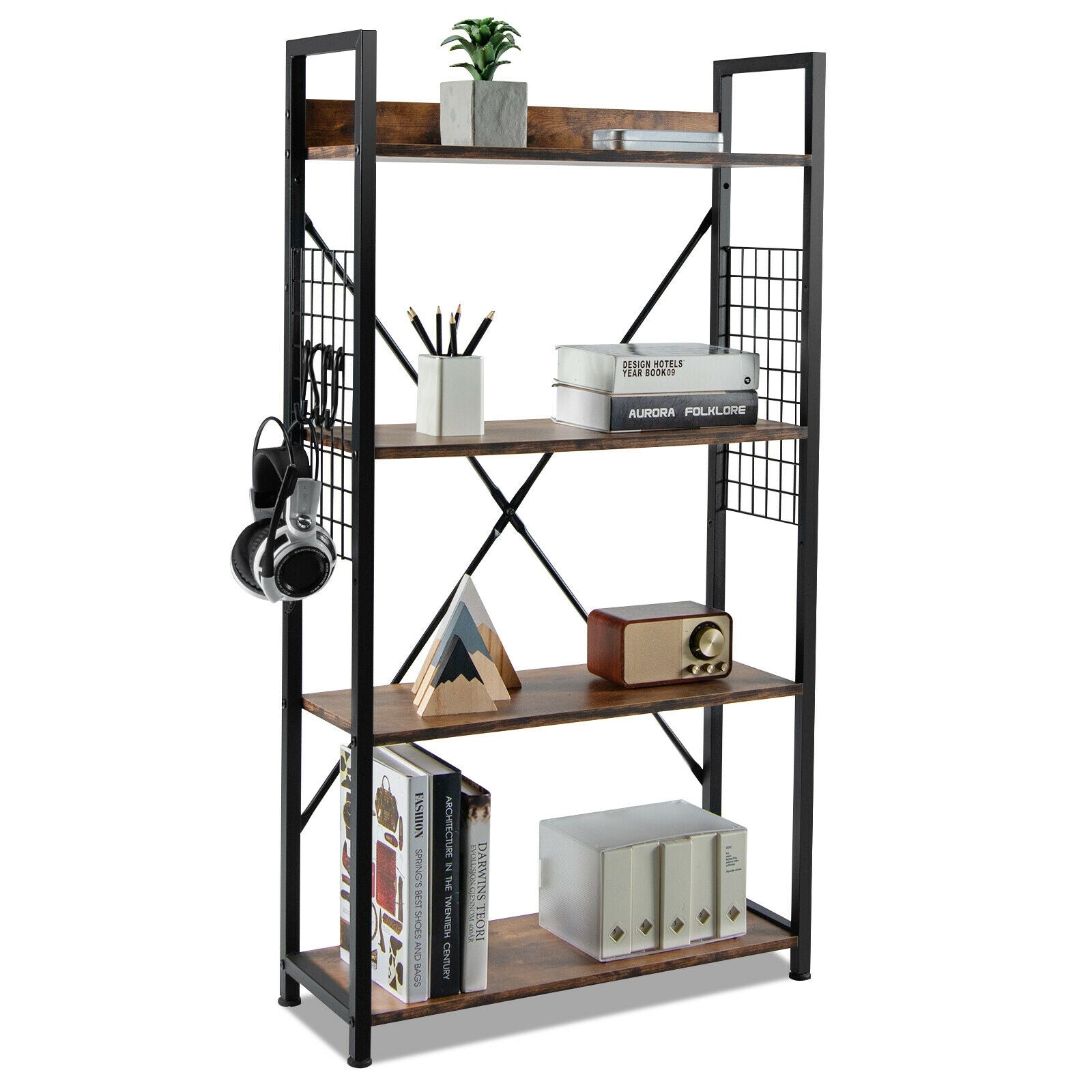 4 -Tier Industrial Open Storage Bookshelf, Dark Brown Bookcases at Gallery Canada