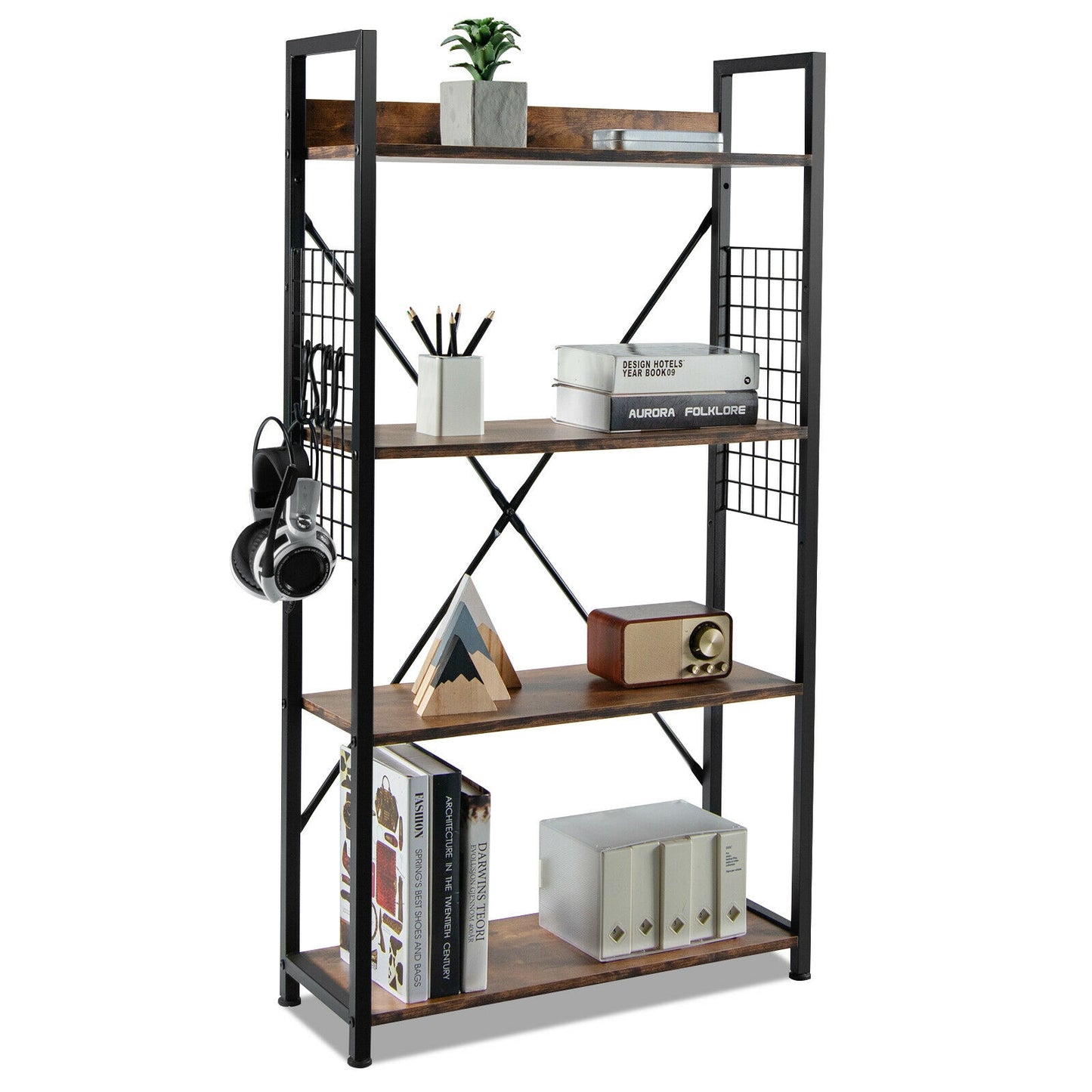 4 -Tier Industrial Open Storage Bookshelf, Dark Brown Bookcases at Gallery Canada