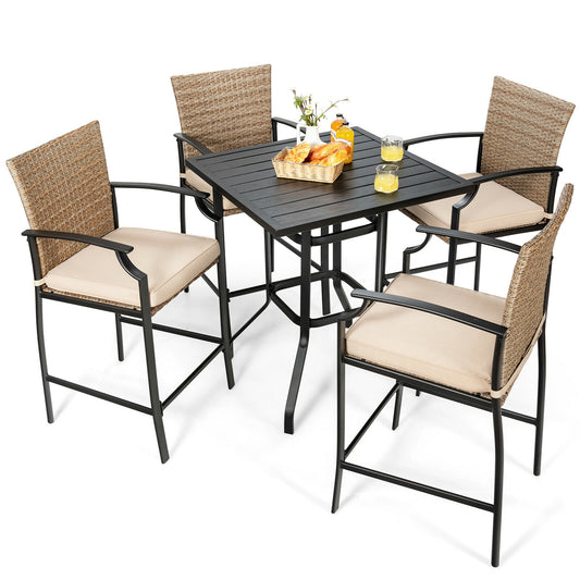 5 Pieces Outdoor Rattan Bistro Bar Stool Table Set with Cushions, Black Patio Dining Sets at Gallery Canada