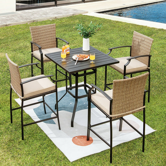 5 Pieces Outdoor Rattan Bistro Bar Stool Table Set with Cushions, Black - Gallery Canada