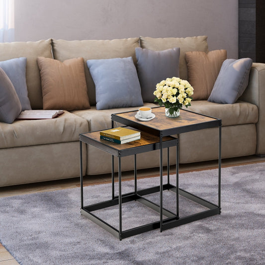 Set of 2 Modern Nesting End Tables with Metal Legs for Living Room, Rustic Brown - Gallery Canada