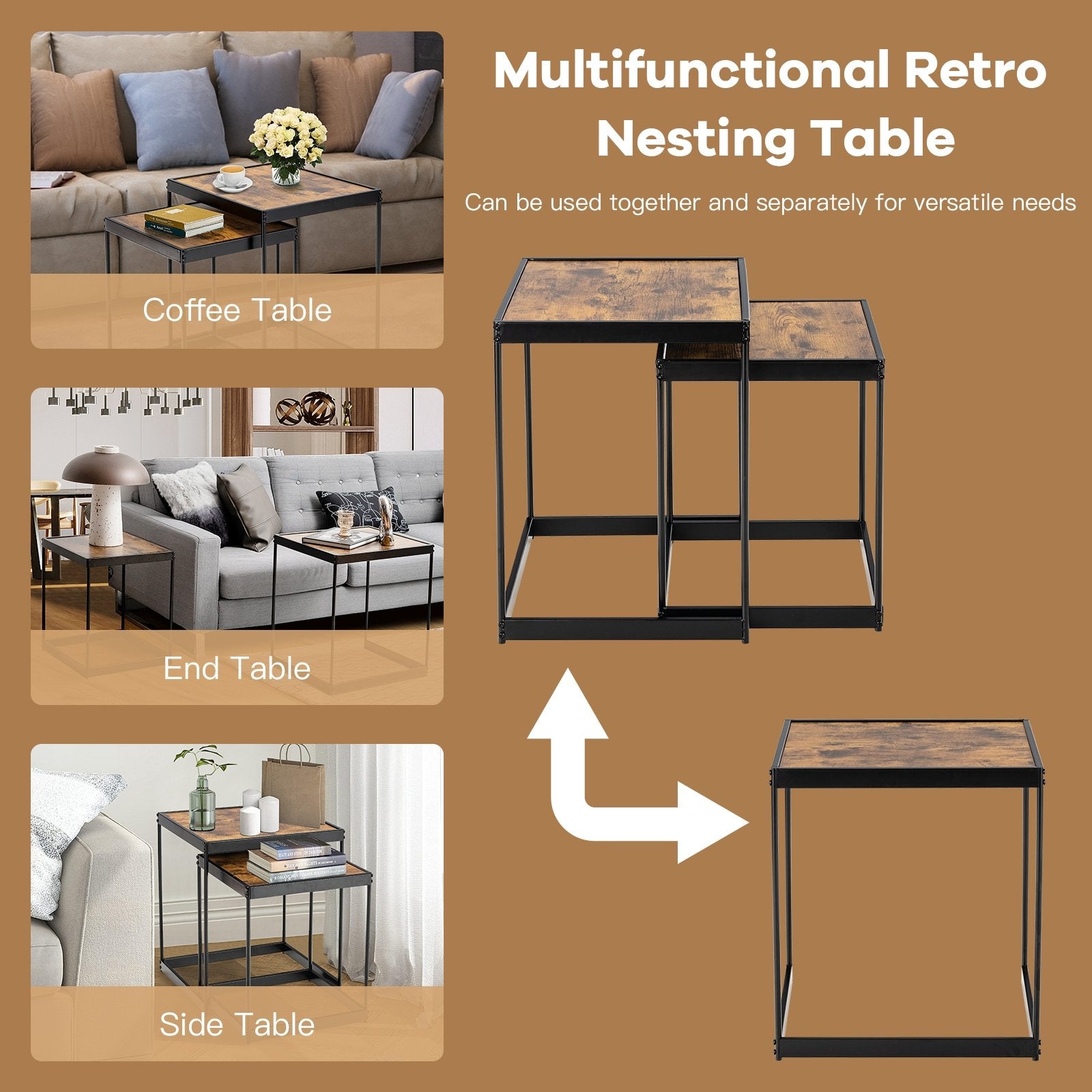 Set of 2 Modern Nesting End Tables with Metal Legs for Living Room, Rustic Brown at Gallery Canada