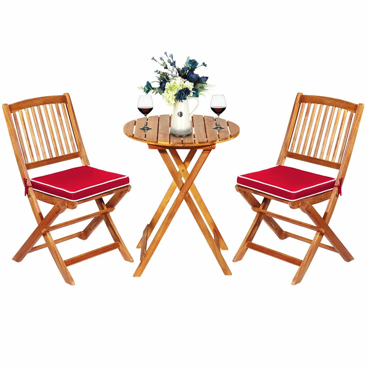 3 Piece Patio Folding Wooden Bistro Set, Cushioned Chair, Red Patio Conversation Sets at Gallery Canada