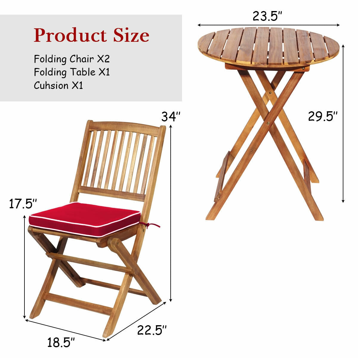 3 Pieces Patio Folding Wooden Bistro Set Cushioned Chair, Red Patio Conversation Sets at Gallery Canada