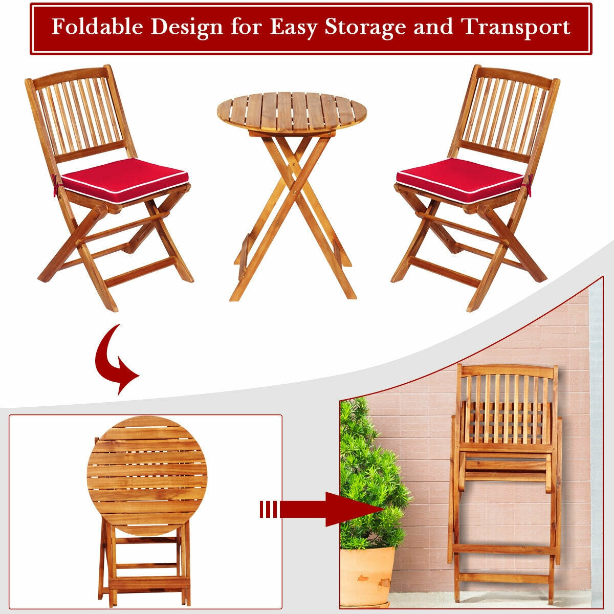 3 Pieces Patio Folding Wooden Bistro Set Cushioned Chair, Red Patio Conversation Sets at Gallery Canada