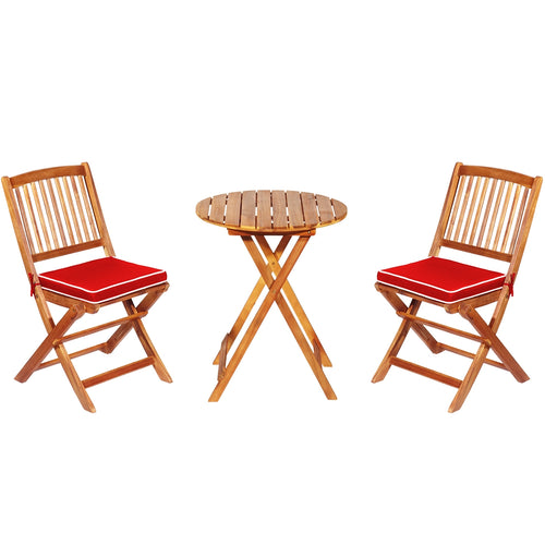 3 Piece Patio Folding Wooden Bistro Set, Cushioned Chair, Red