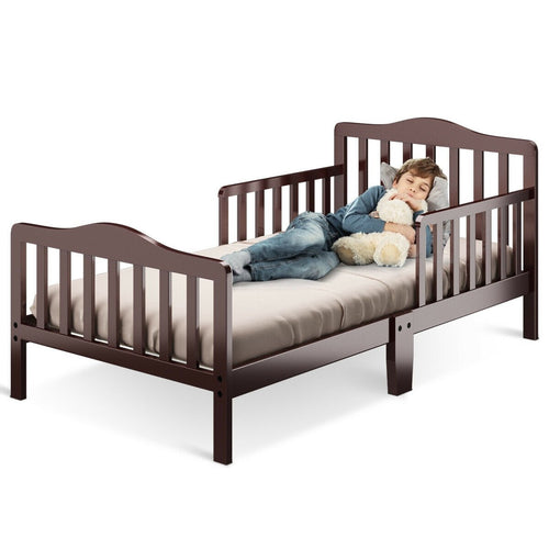 Classic Design Kids Wood Toddler Bed Frame with Two Side Safety Guardrails, Brown