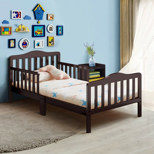 Classic Design Kids Wood Toddler Bed Frame with Two Side Safety Guardrails, Brown - Gallery Canada
