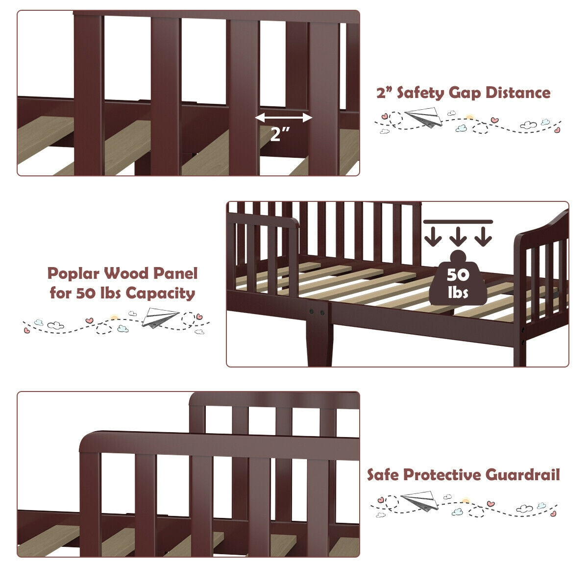Classic Design Kids Wood Toddler Bed Frame with Two Side Safety Guardrails, Brown Toddler Beds at Gallery Canada