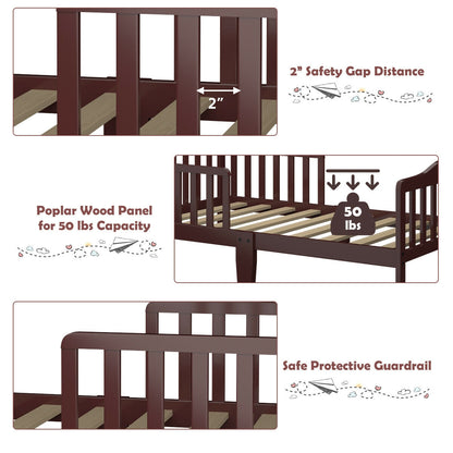 Classic Design Kids Wood Toddler Bed Frame with Two Side Safety Guardrails, Brown Toddler Beds at Gallery Canada