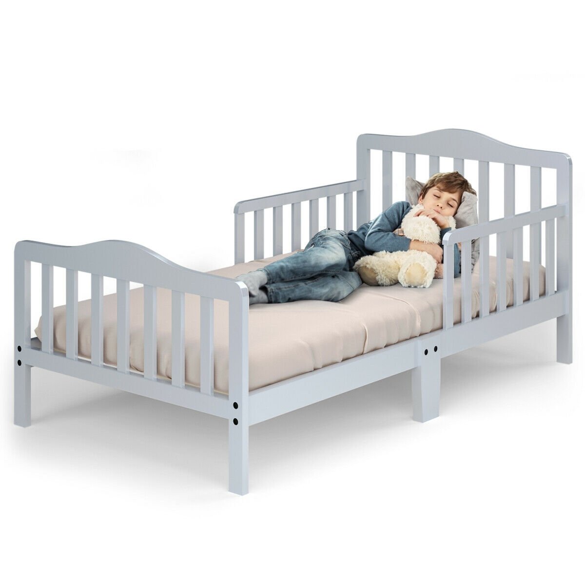 Classic Design Kids Wood Toddler Bed Frame with Two Side Safety Guardrailss, Gray at Gallery Canada