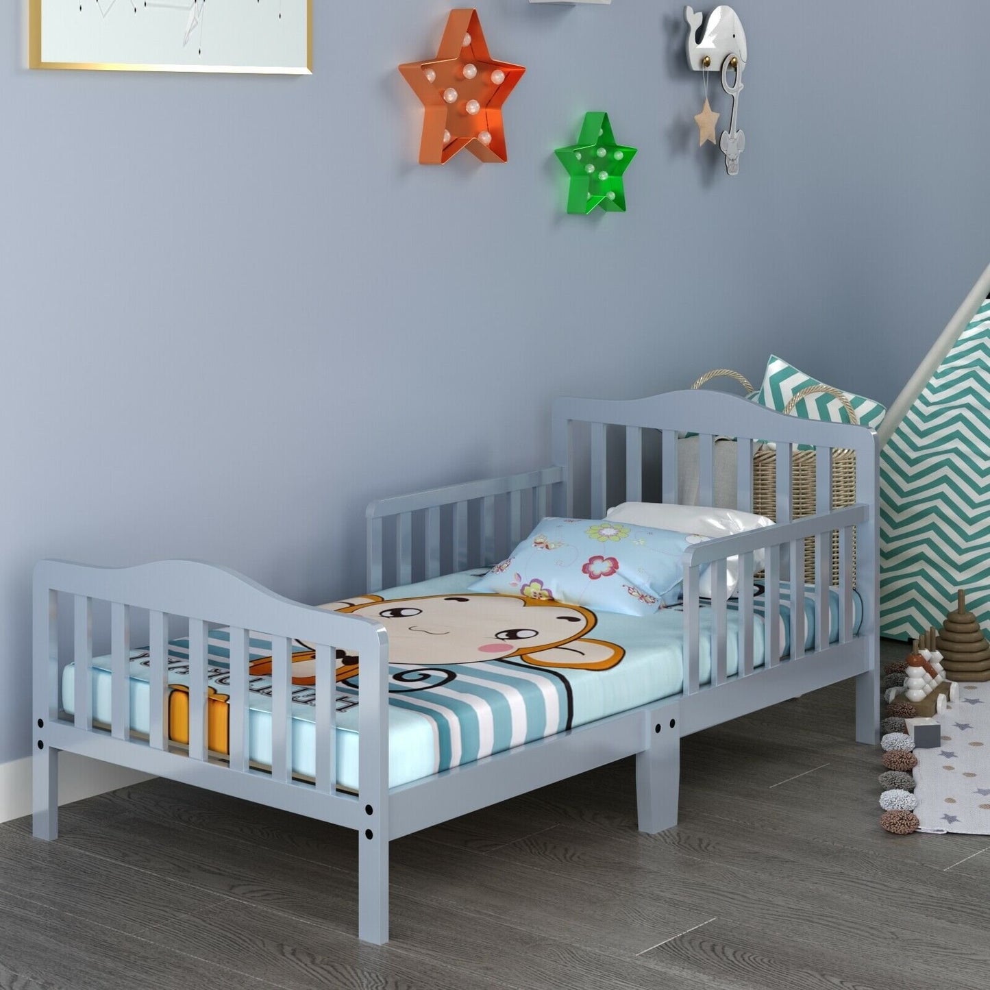 Classic Design Kids Wood Toddler Bed Frame with Two Side Safety Guardrailss, Gray at Gallery Canada
