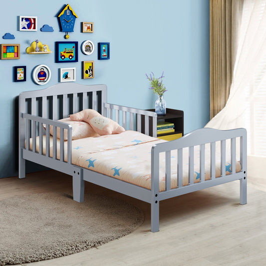 Classic Design Kids Wood Toddler Bed Frame with Two Side Safety Guardrailss, Gray - Gallery Canada