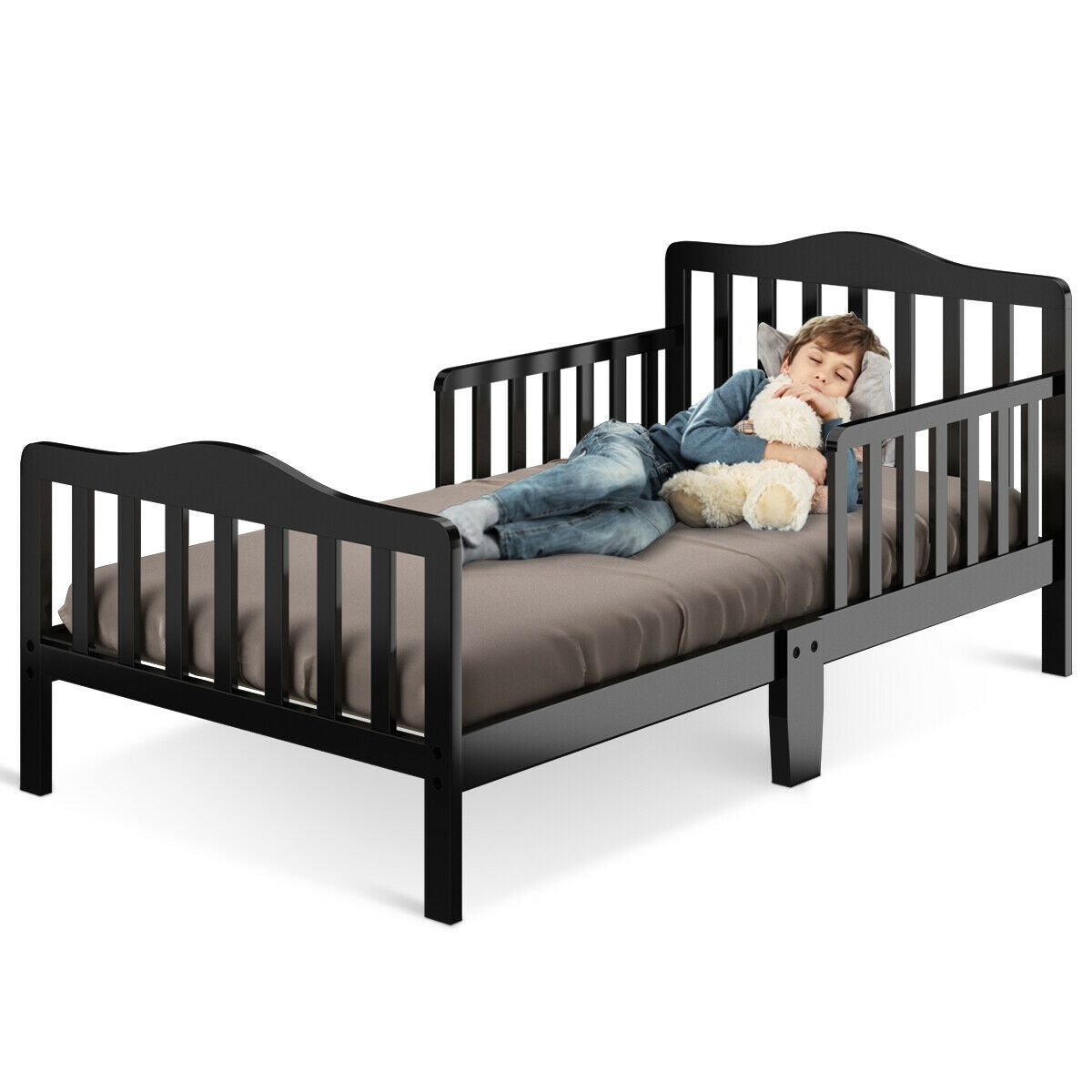 Classic Design Kids Wood Toddler Bed Frame with Two Side Safety Guardrails, Black Toddler Beds Black at Gallery Canada
