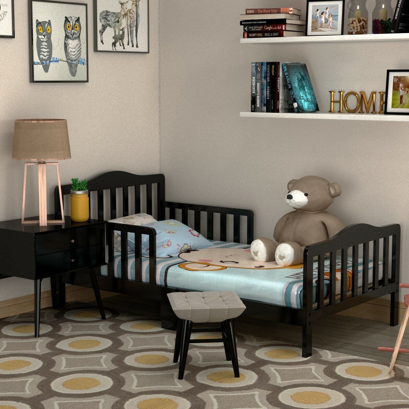 Classic Design Kids Wood Toddler Bed Frame with Two Side Safety Guardrails, Black Toddler Beds at Gallery Canada
