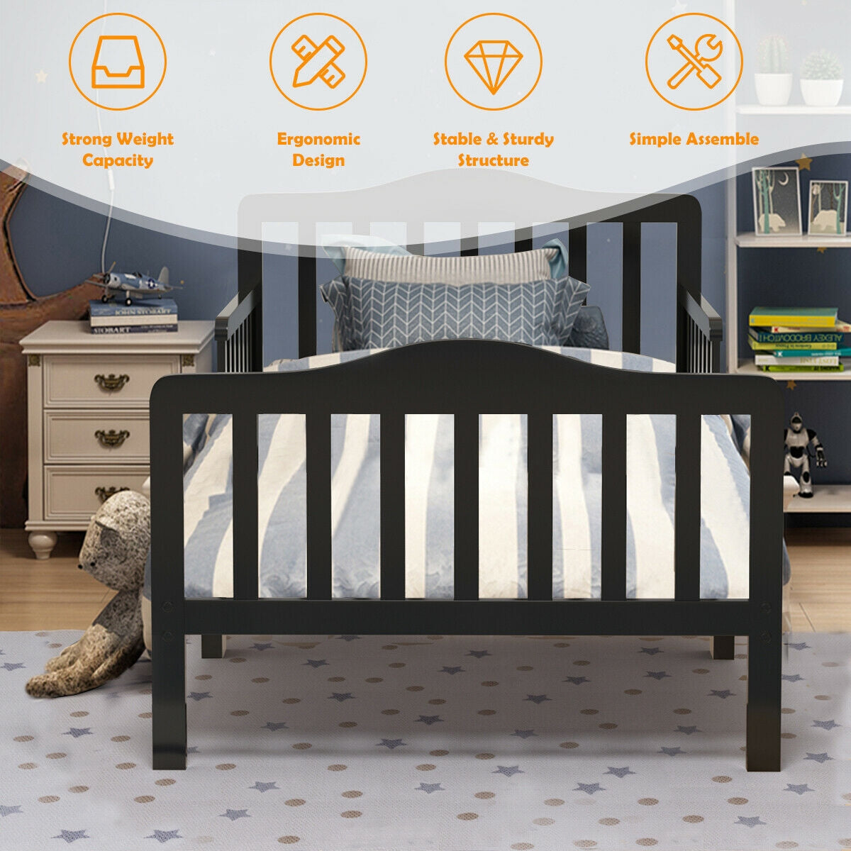 Classic Design Kids Wood Toddler Bed Frame with Two Side Safety Guardrails, Black Toddler Beds at Gallery Canada