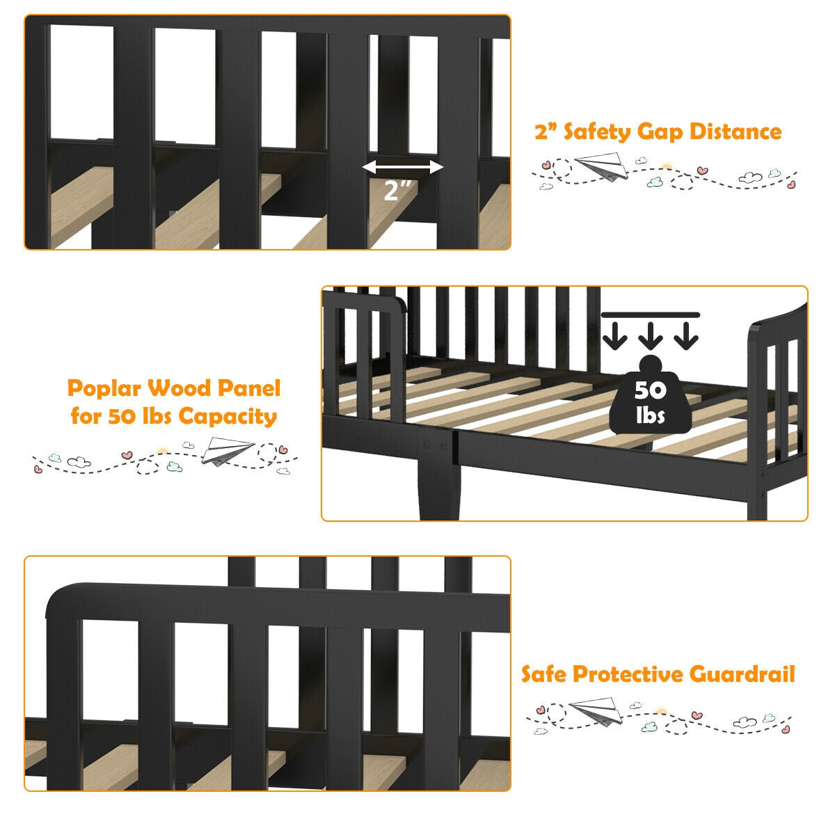 Classic Design Kids Wood Toddler Bed Frame with Two Side Safety Guardrails, Black Toddler Beds at Gallery Canada