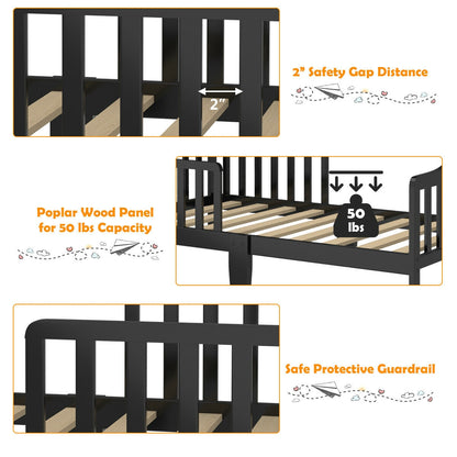 Classic Design Kids Wood Toddler Bed Frame with Two Side Safety Guardrails, Black Toddler Beds at Gallery Canada