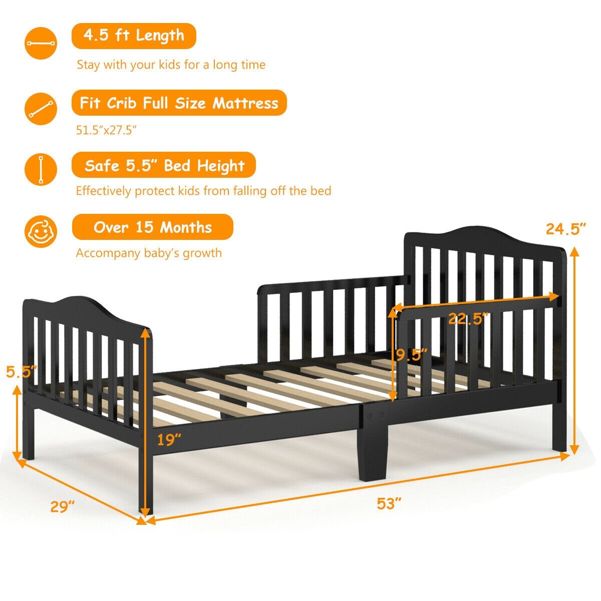 Classic Design Kids Wood Toddler Bed Frame with Two Side Safety Guardrails, Black at Gallery Canada