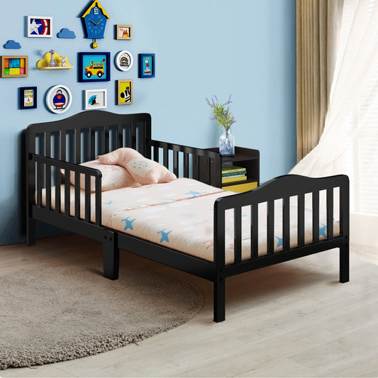 Classic Design Kids Wood Toddler Bed Frame with Two Side Safety Guardrails, Black Toddler Beds Black at Gallery Canada
