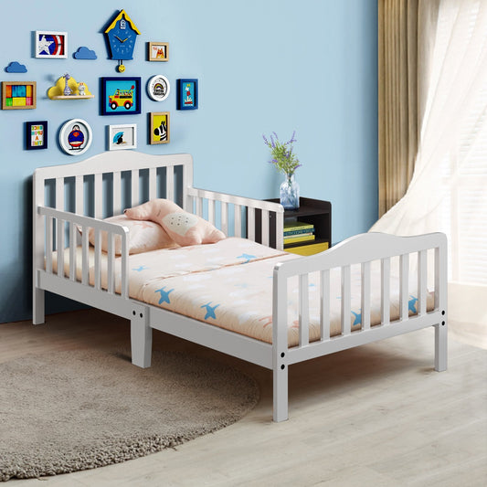 Classic Design Kids Wood Toddler Bed Frame with Two Side Safety Guardrails, White - Gallery Canada