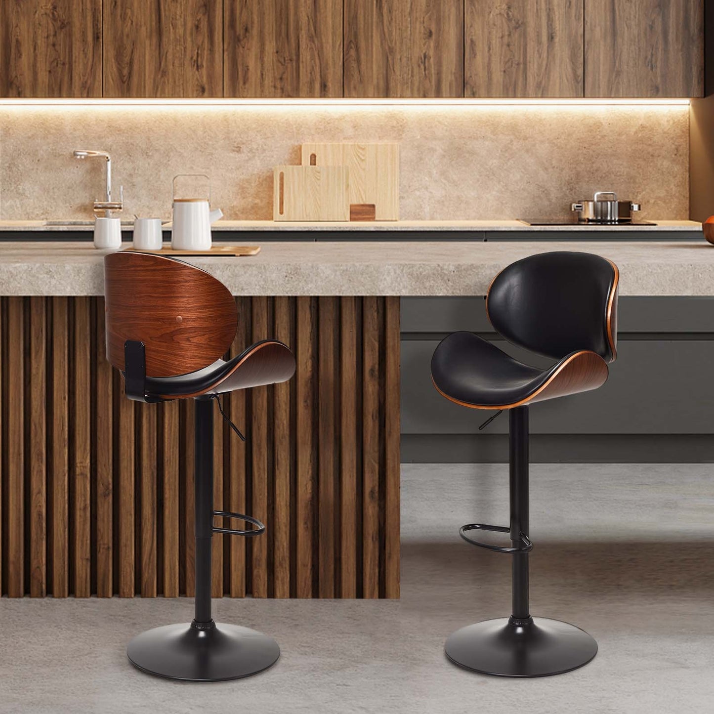 Set of 2 Adjustable Swivel PU Leather Bar Stools with Curved Footrest, Brown Bar Stools at Gallery Canada