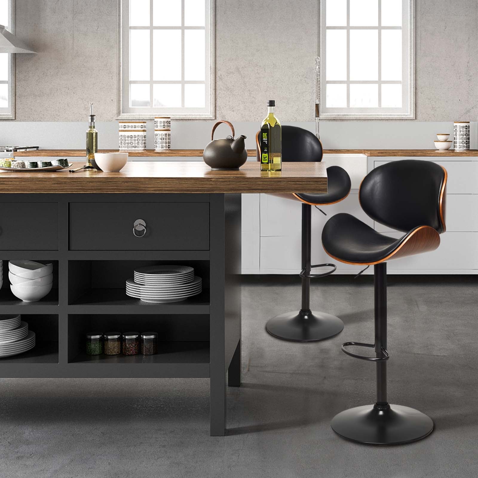 Set of 2 Adjustable Swivel PU Leather Bar Stools with Curved Footrest, Brown Bar Stools at Gallery Canada