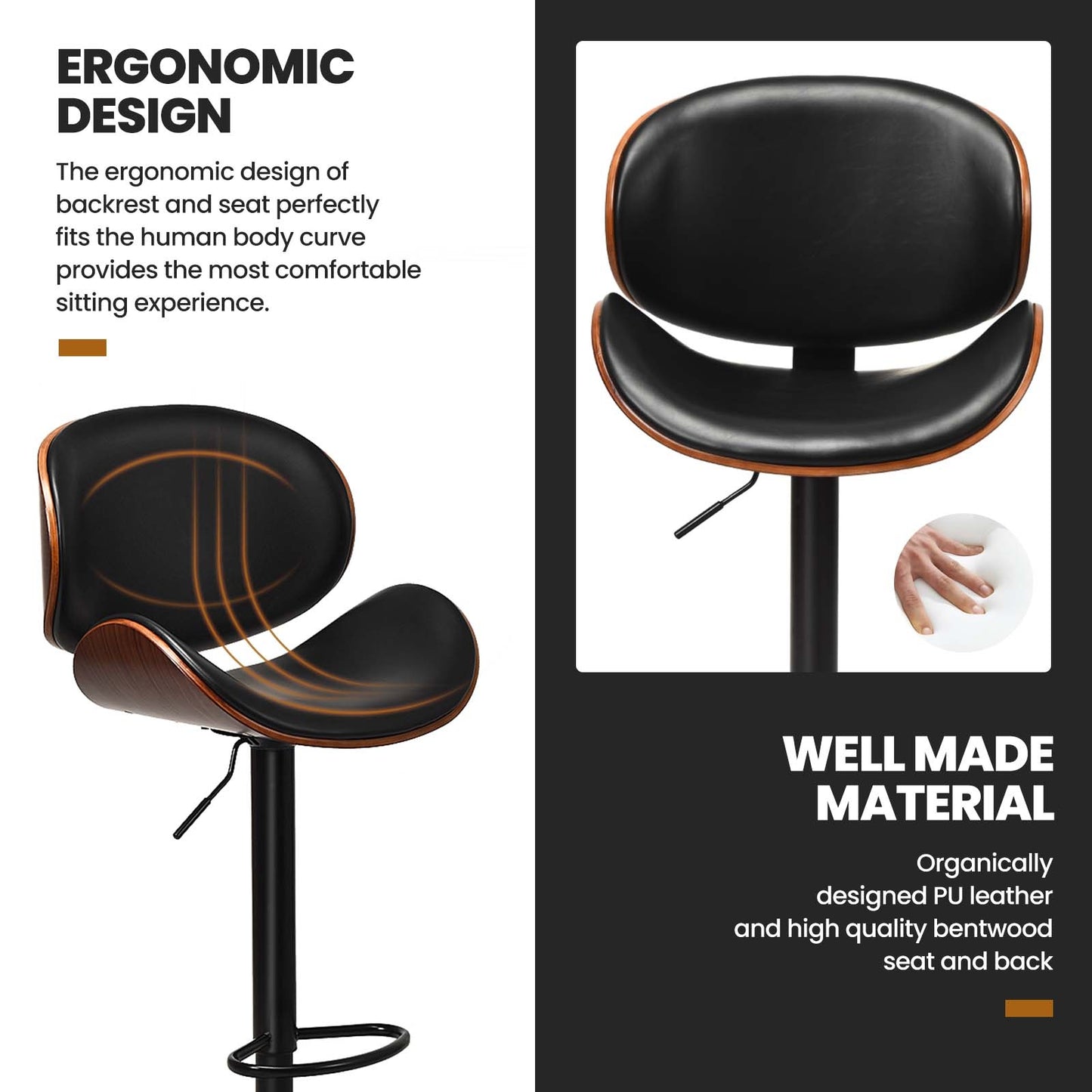 Set of 2 Adjustable Swivel PU Leather Bar Stools with Curved Footrest, Brown Bar Stools at Gallery Canada