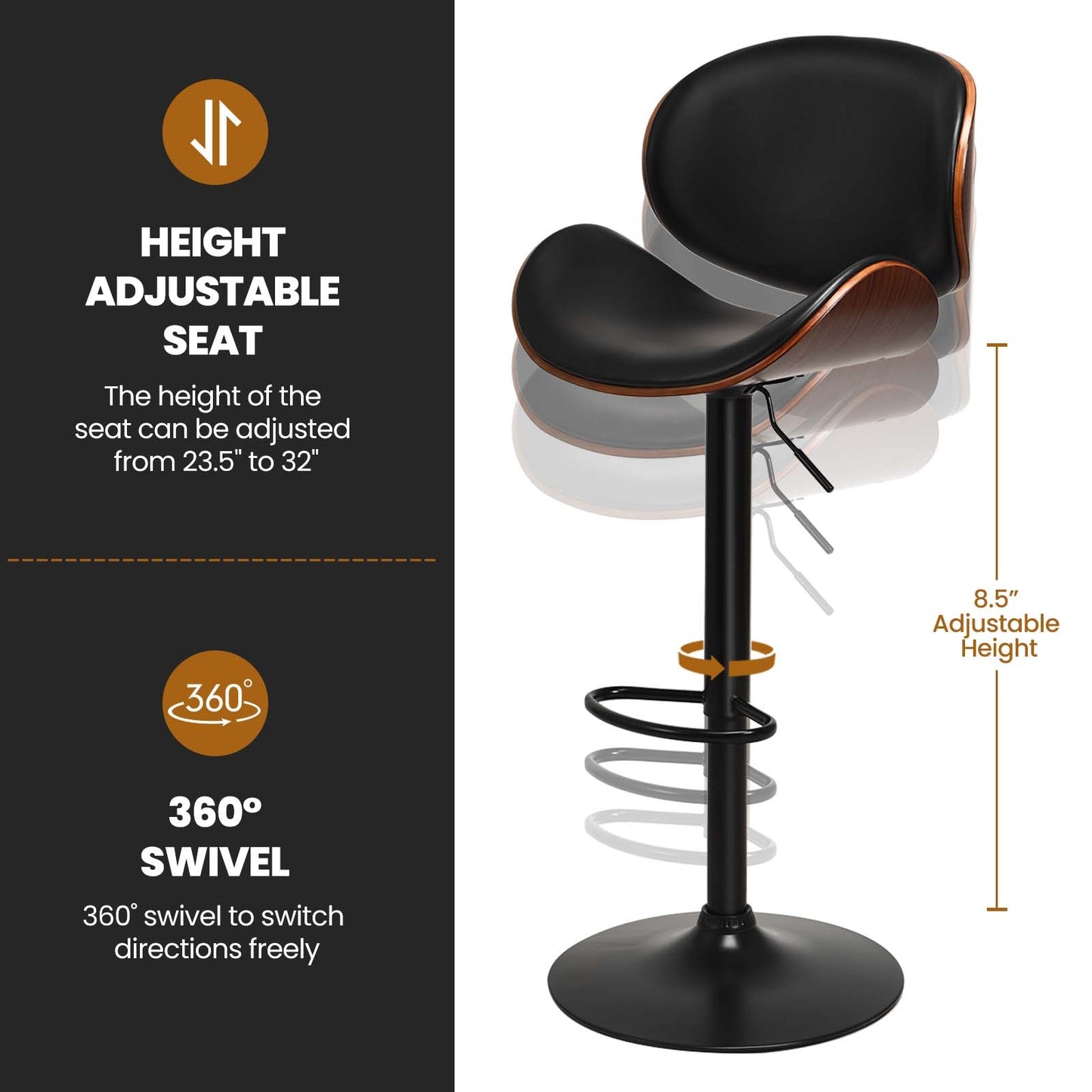 Set of 2 Adjustable Swivel PU Leather Bar Stools with Curved Footrest, Brown Bar Stools at Gallery Canada