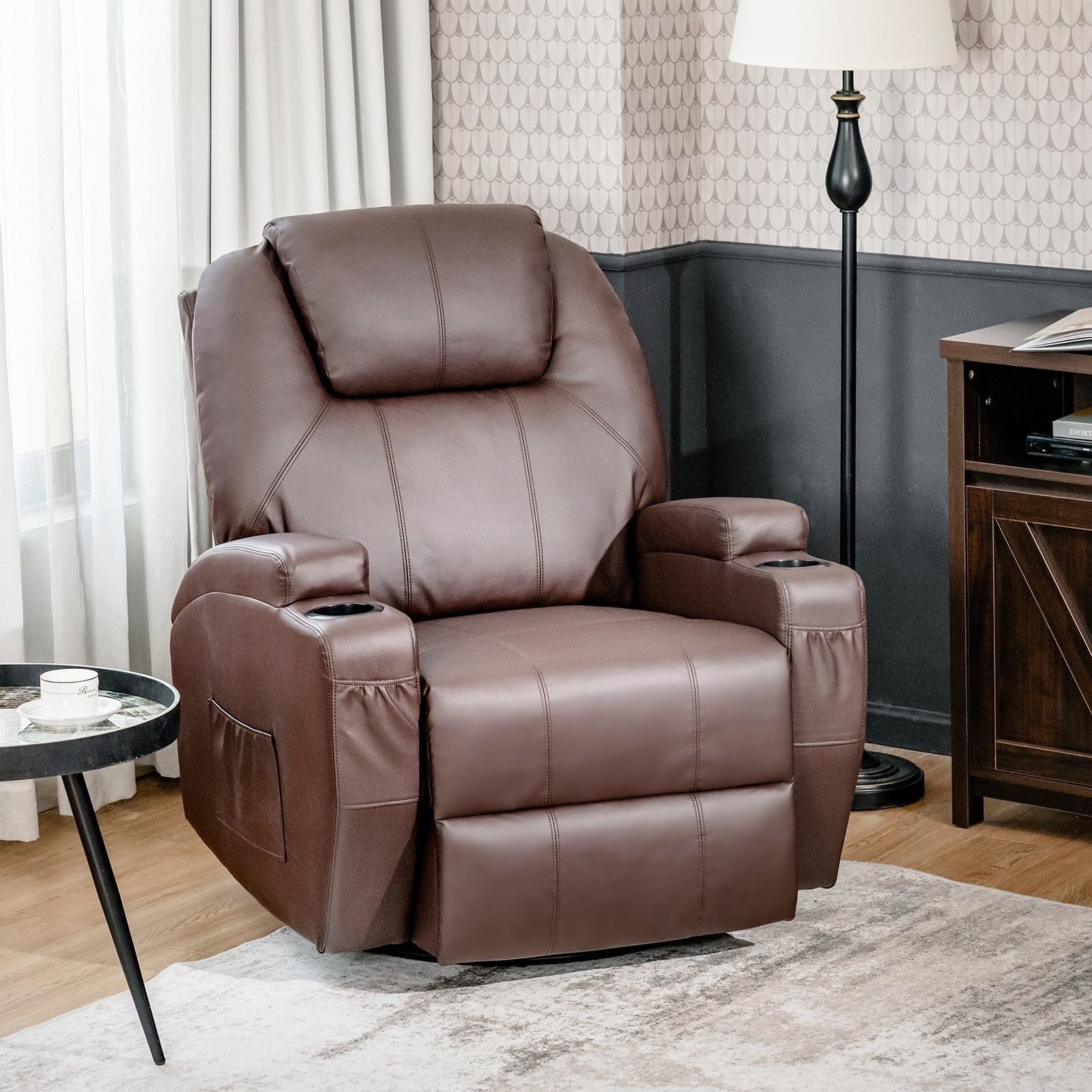 360-Degree Swivel Massage Recliner Chair with Remote Control for Home, Brown - Gallery Canada