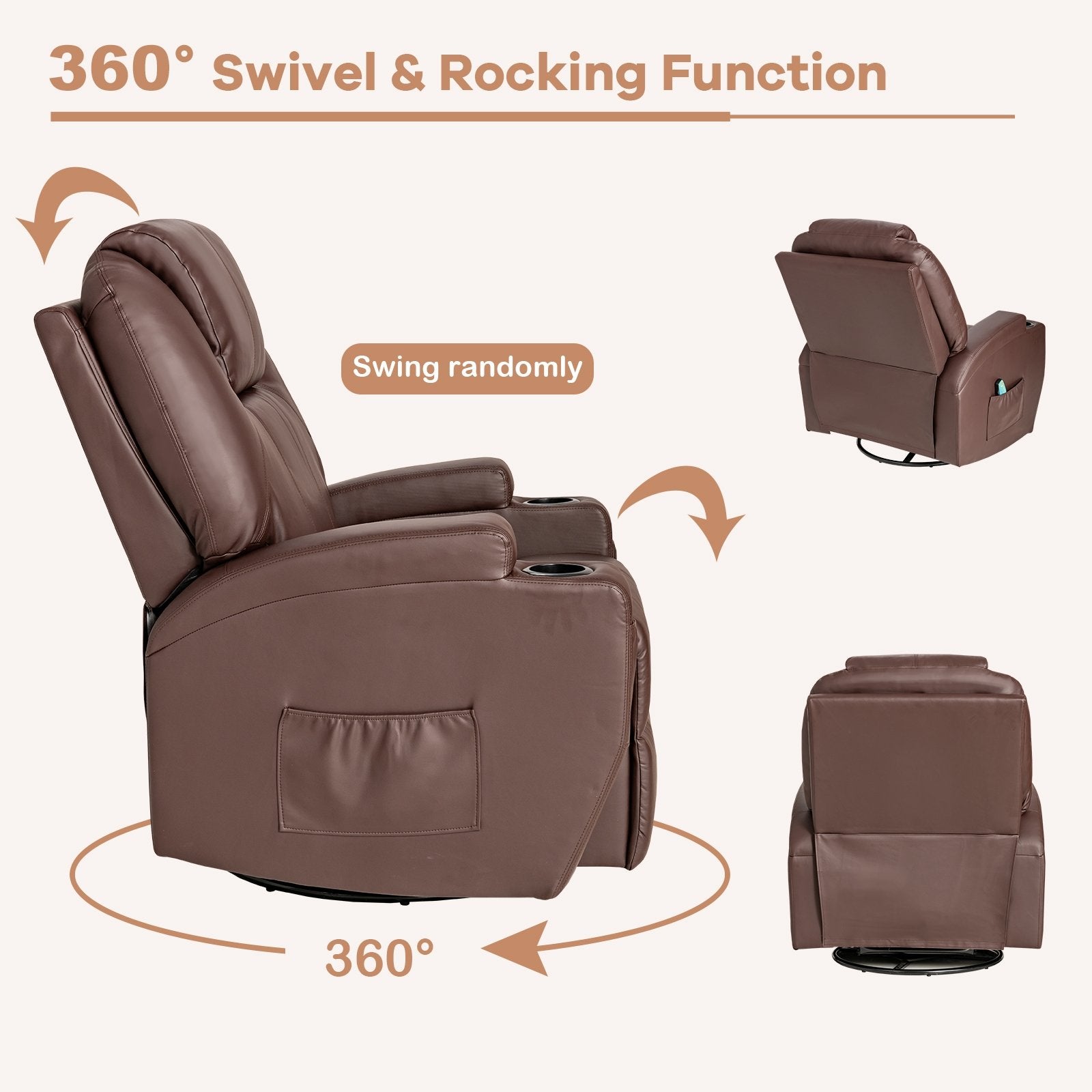 360-Degree Swivel Massage Recliner Chair with Remote Control for Home, Brown - Gallery Canada