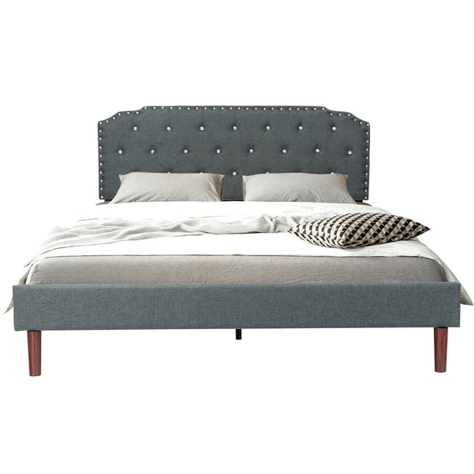 Upholstered Bed Frame with Adjustable Diamond Button Headboard-Queen Size, Gray - Gallery Canada