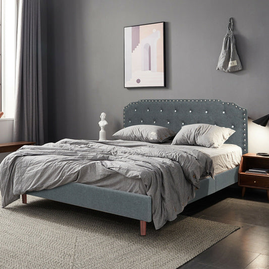 Upholstered Bed Frame with Adjustable Diamond Button Headboard-Queen Size, Gray - Gallery Canada