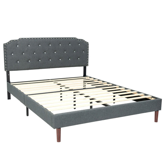 Upholstered Bed Frame with Adjustable Diamond Button Headboard-Full Size, Gray - Gallery Canada