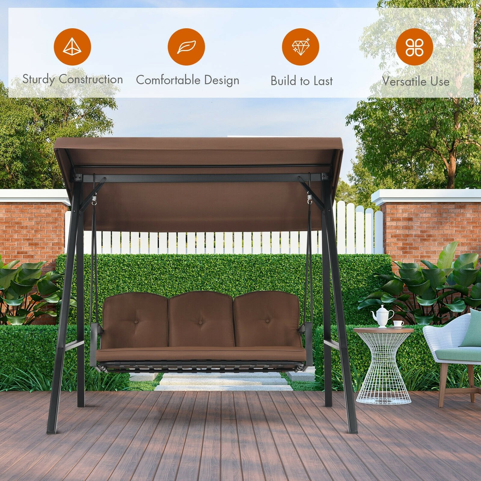 Outdoor 3-Seat Porch Swing with Adjust Canopy and Cushions, Brown - Gallery Canada
