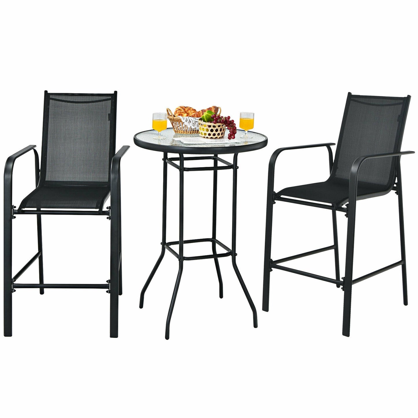 3 Piece Outdoor Patio Bar Table Stool Set, Black