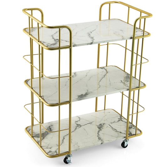3-Tier Metal Kitchen Storage Serving Cart Trolley with Marble Tabletop and Handles, Golden - Gallery Canada
