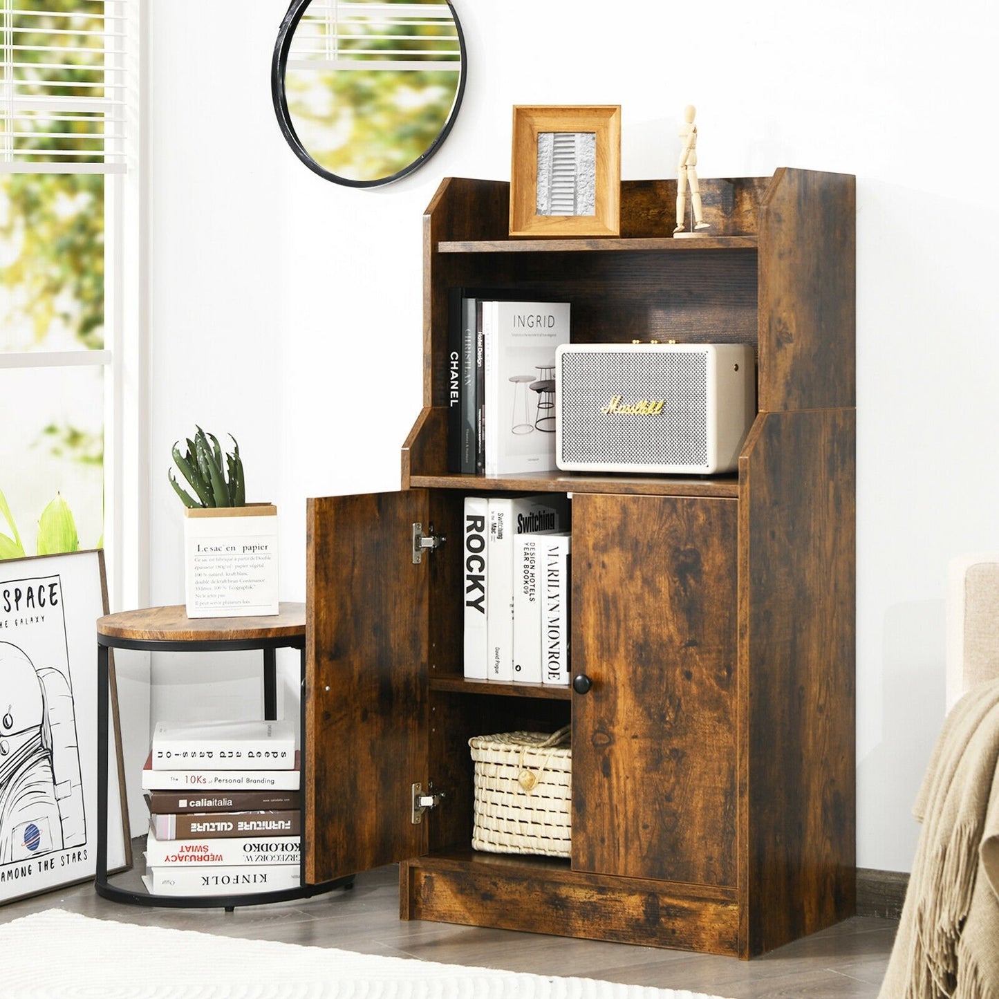 Storage Cabinet Bookcase with Doors and Display Shelf, Rustic Brown - Gallery Canada