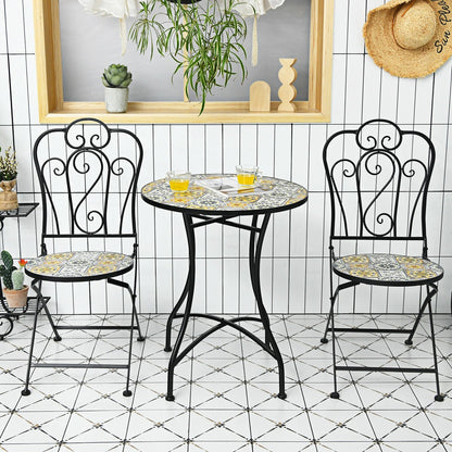 3 Pieces Patio Bistro Mosaic Design Set with Folding Chairs and Round Table, Black - Gallery Canada