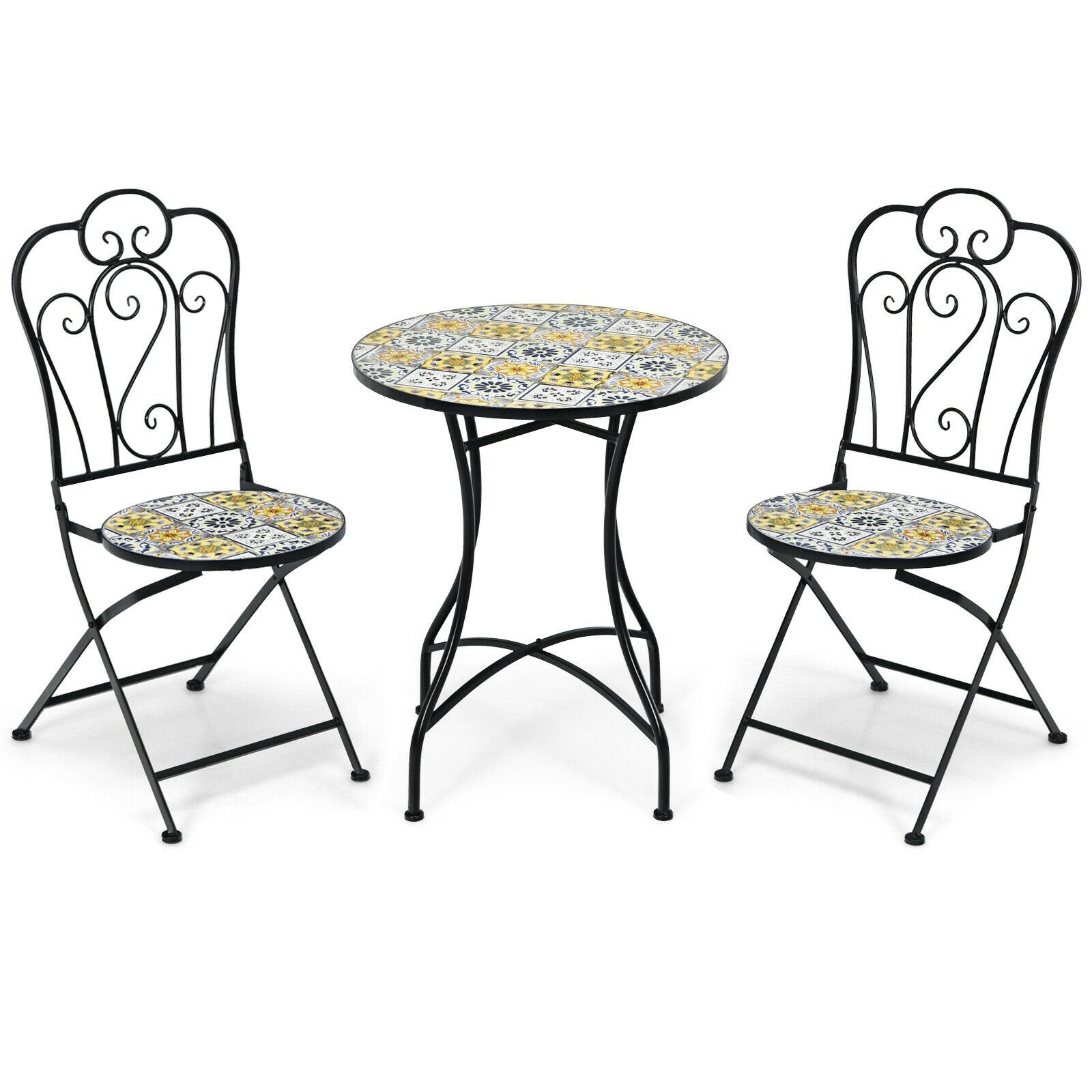3 Pieces Patio Bistro Mosaic Design Set with Folding Chairs and Round Table, Black - Gallery Canada