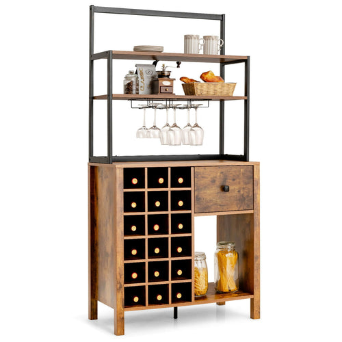 Kitchen Bakers Rack With Wine Rack, Glass Holder, Drawer, Rustic Brown