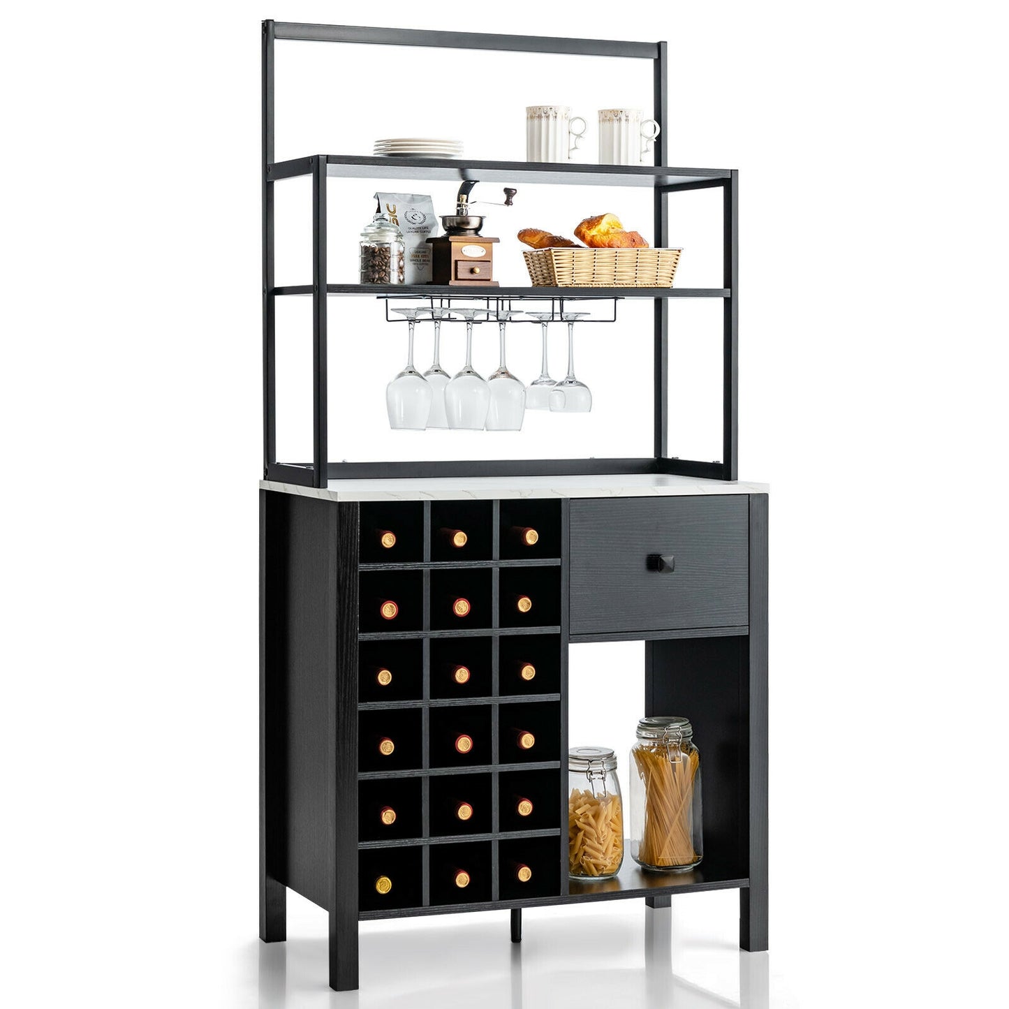 Kitchen Bakers Rack Freestanding Wine Rack Table with Glass Holder and Drawer, Black Wine Racks at Gallery Canada