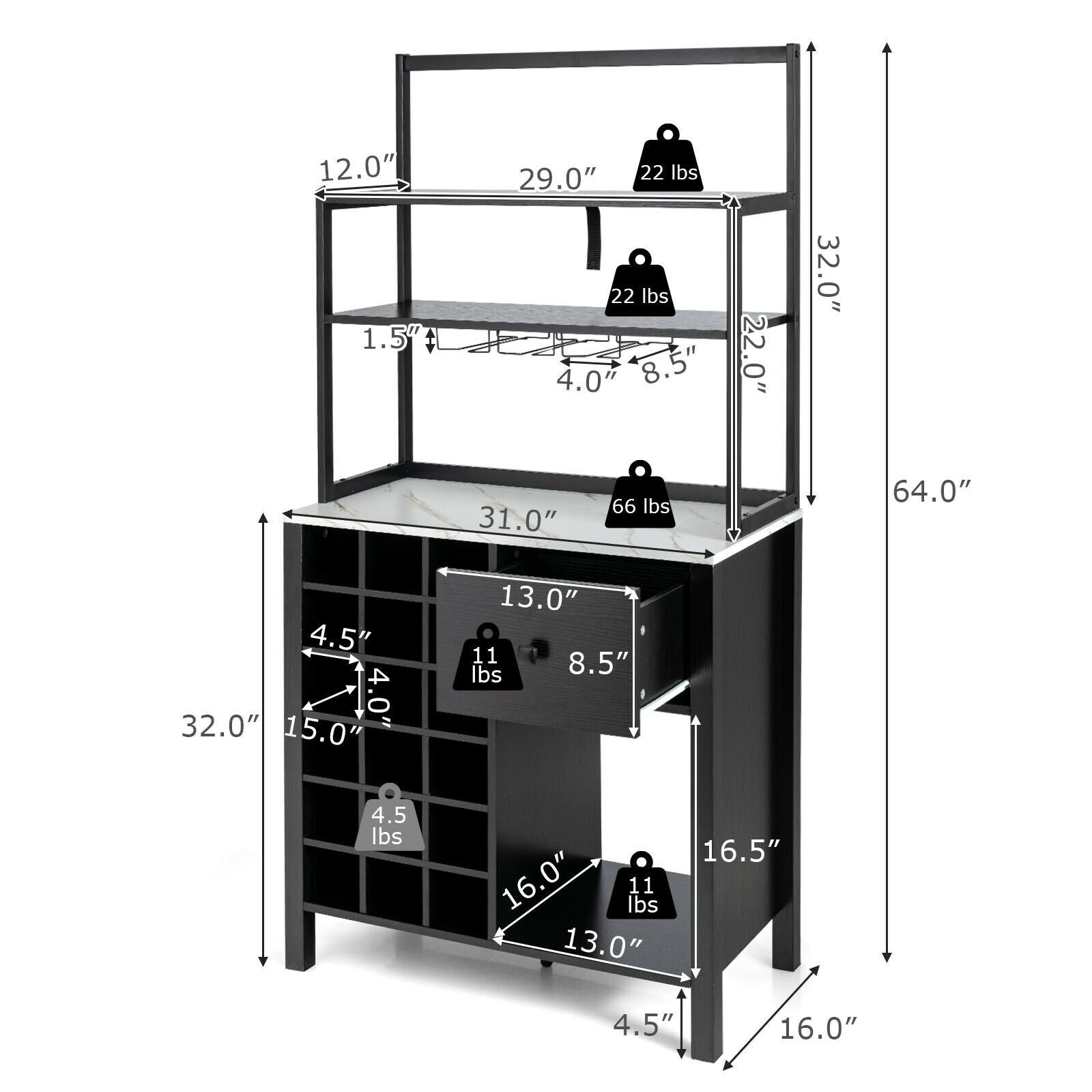 Kitchen Bakers Rack Freestanding Wine Rack Table with Glass Holder and Drawer, Black Wine Racks at Gallery Canada