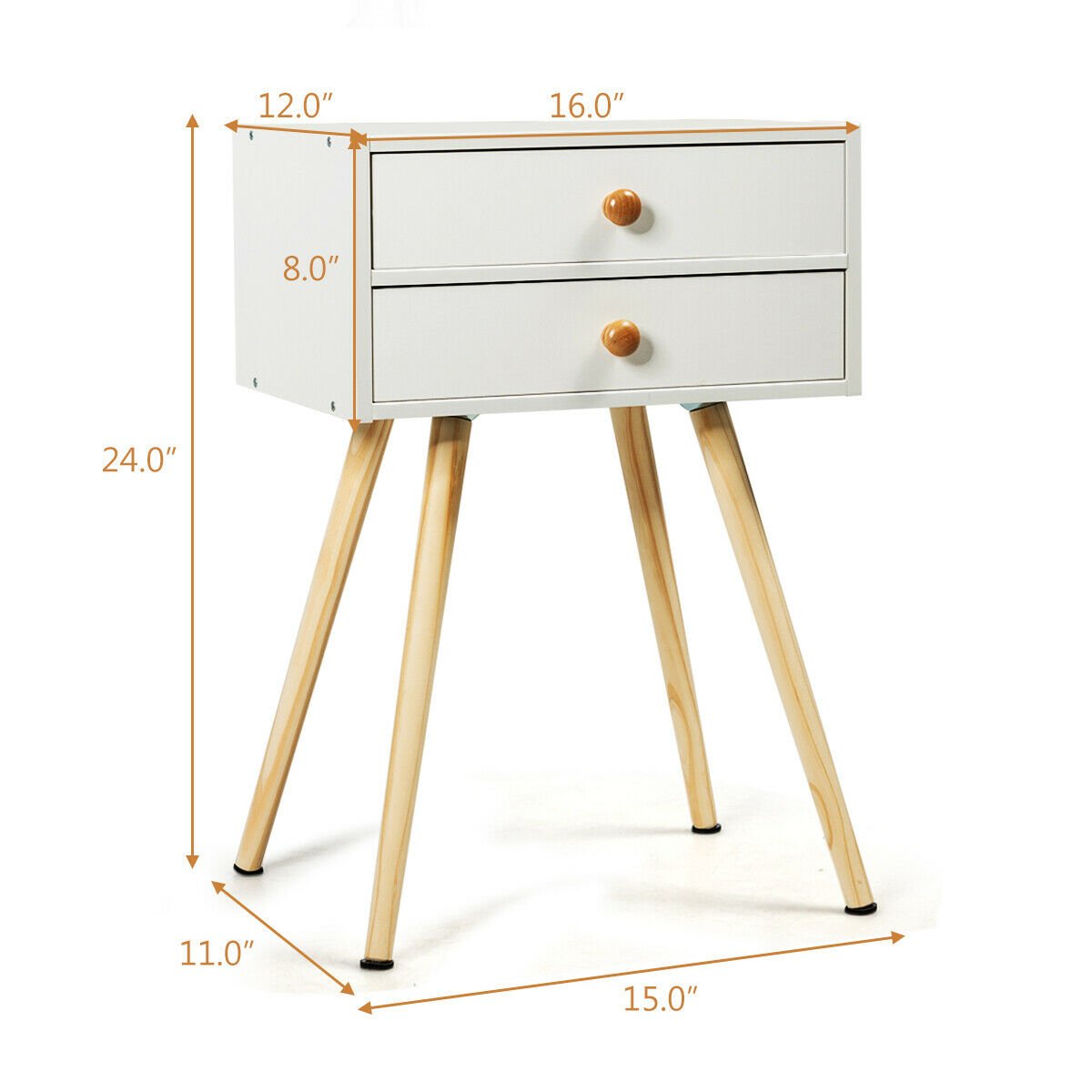 Mid Century Modern 2 Drawers Nightstand in Natural, White - Gallery Canada