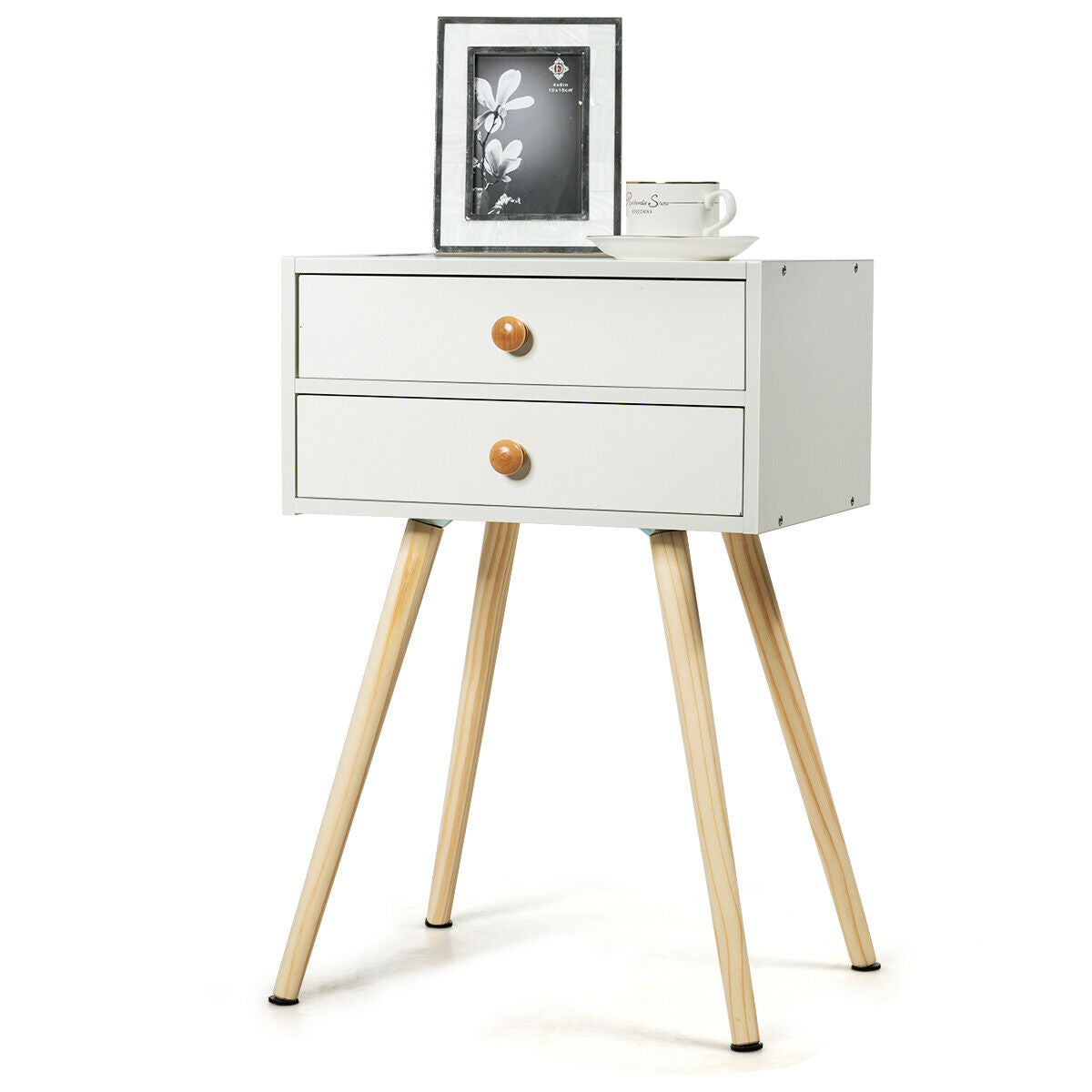 Mid Century Modern Nightstand, 2 Drawers, Natural White Nightstands White at Gallery Canada